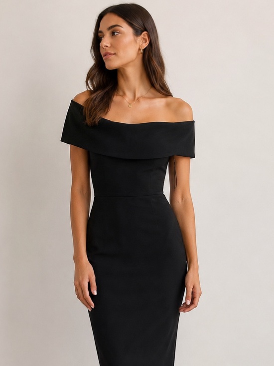 Greta Constantine Dresses & Skirts - Greta Constantine Loanne Off Shoulder Black Midi Dress Sz Small LBD Cocktail